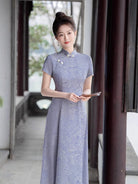 Aslinhanfu  Floral pattern, purple&white midi Cheongsam