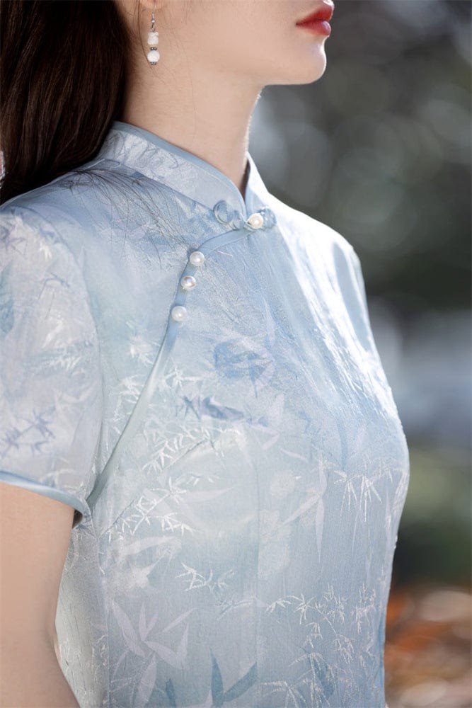 Aslinhanfu Tencel linen fabric, light blue&pink long Ao dai