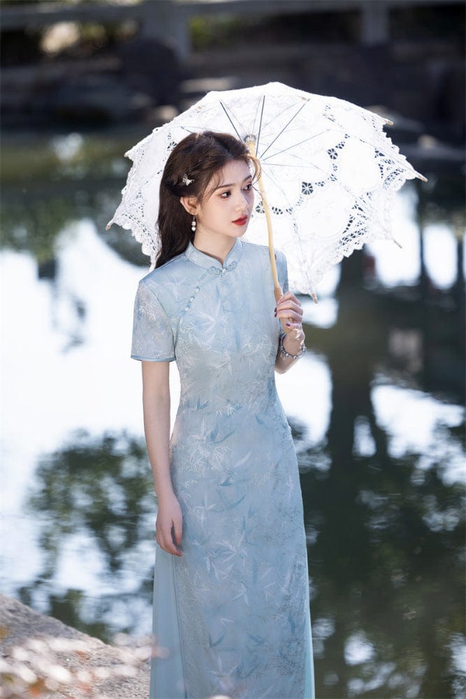 Aslinhanfu Tencel linen fabric, light blue&pink long Ao dai