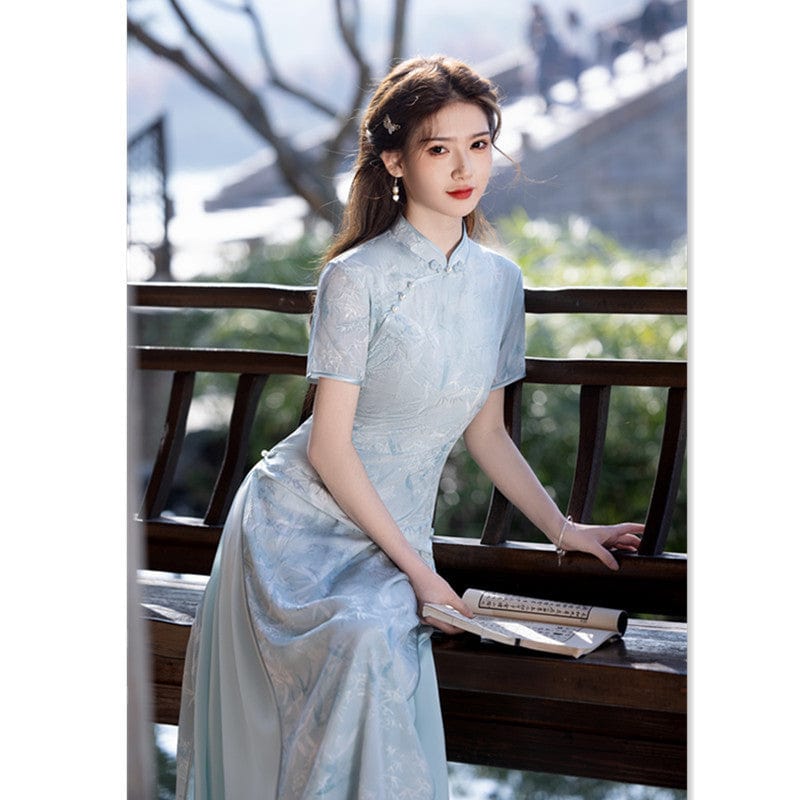 Aslinhanfu Tencel linen fabric, light blue&pink long Ao dai