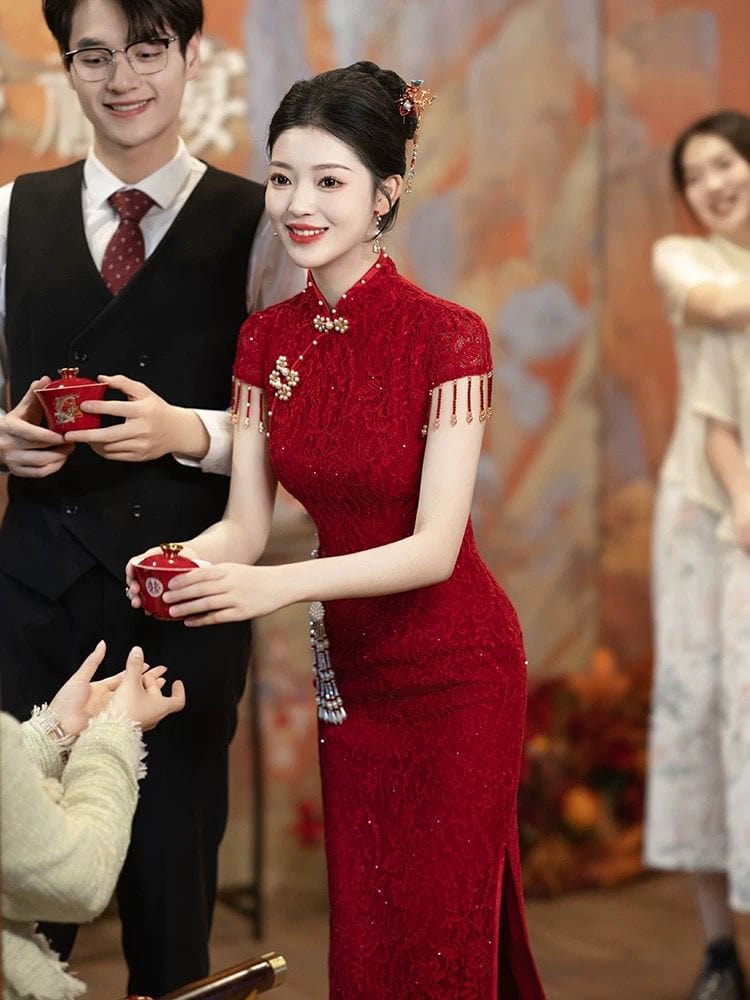 Aslinhanfu Floral pattern, wine red, lace mid-length Cheongsam
