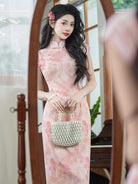 Aslinhanfu Summer collection, ramie fabric, floral long Cheongsam