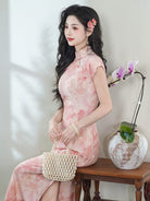 Aslinhanfu Summer collection, ramie fabric, floral long Cheongsam