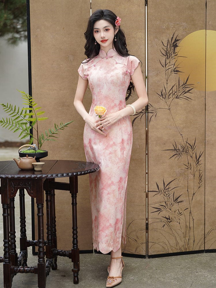 Aslinhanfu Summer collection, ramie fabric, floral long Cheongsam