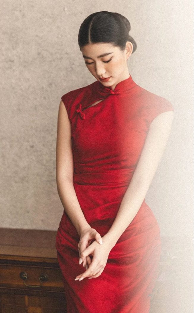 Aslinhanfu New Chinese style (新中式), floral pattern, long red Cheongsam