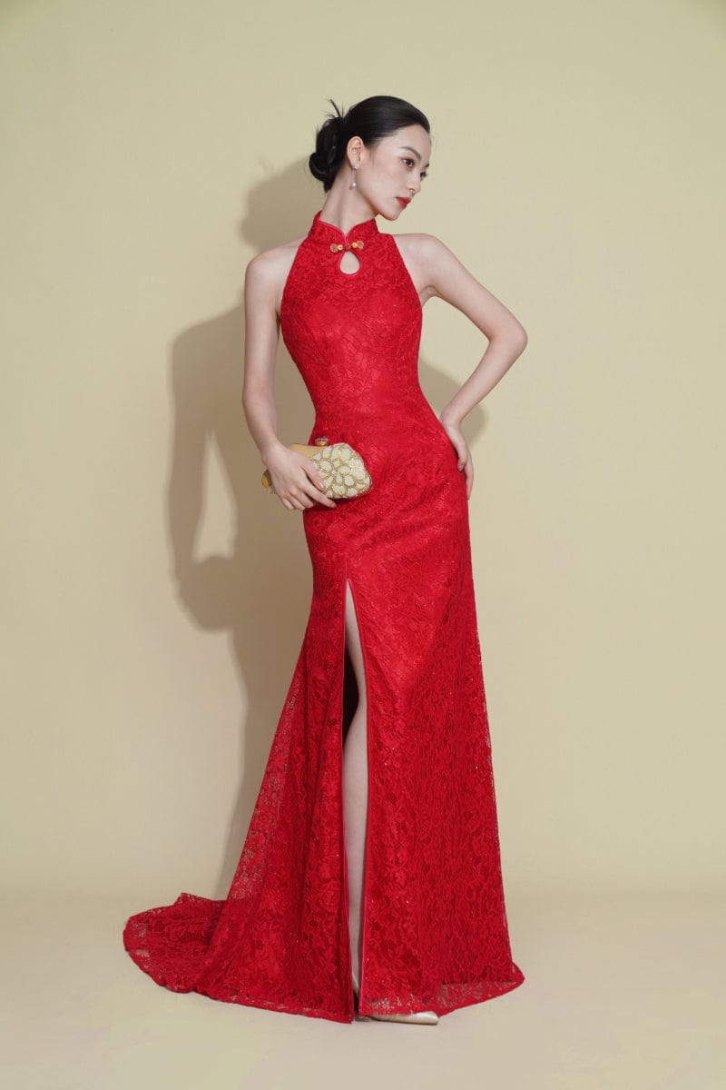 Aslinhanfu Qipao- Exclusive Exclusive designer collection, halter lace fishtail Cheongsam