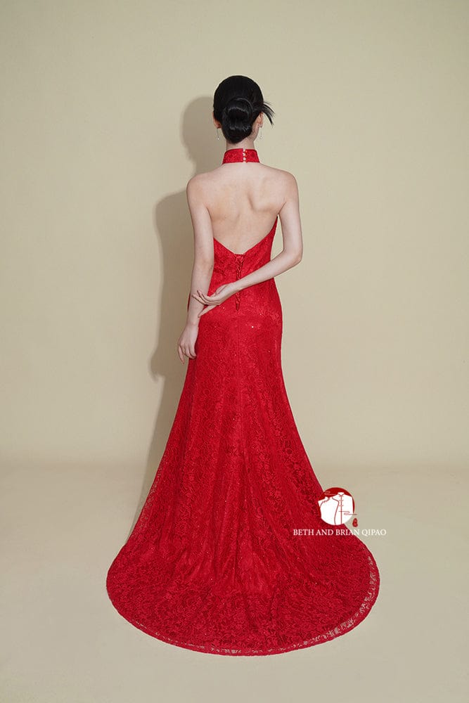 Aslinhanfu Qipao- Exclusive Exclusive designer collection, halter lace fishtail Cheongsam