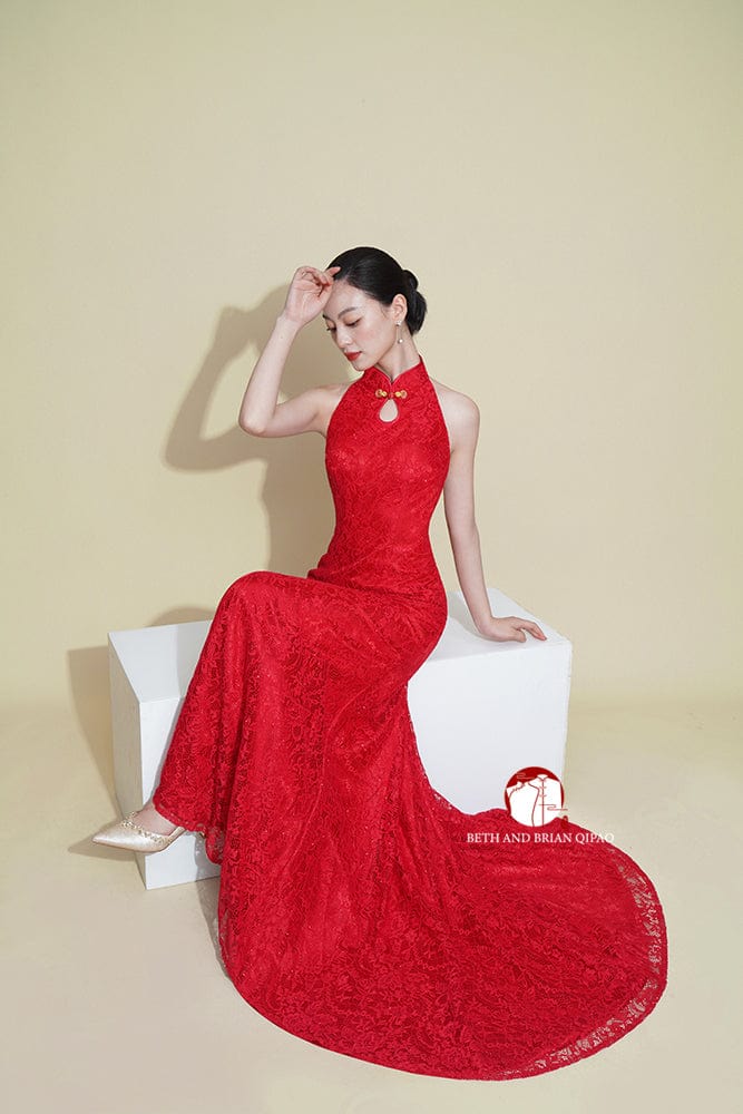 Aslinhanfu Qipao- Exclusive Exclusive designer collection, halter lace fishtail Cheongsam