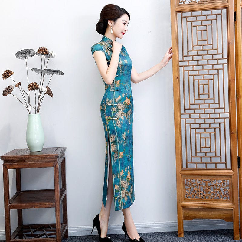 Aslinhafnu Floral pattern, plus size, blue&green long Cheongsam