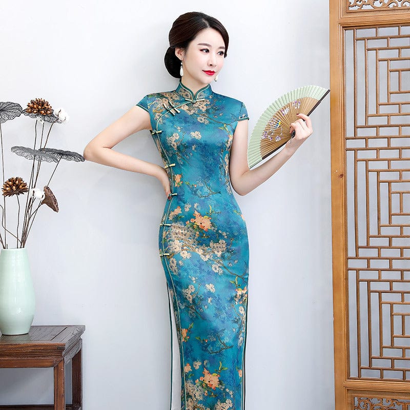 Aslinhafnu Floral pattern, plus size, blue&green long Cheongsam