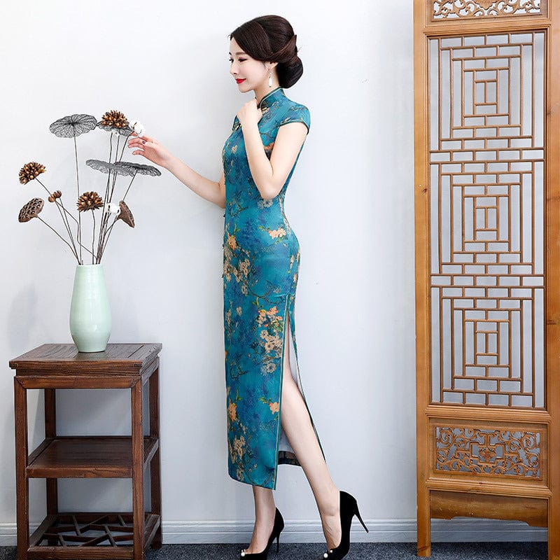 Aslinhafnu Floral pattern, plus size, blue&green long Cheongsam