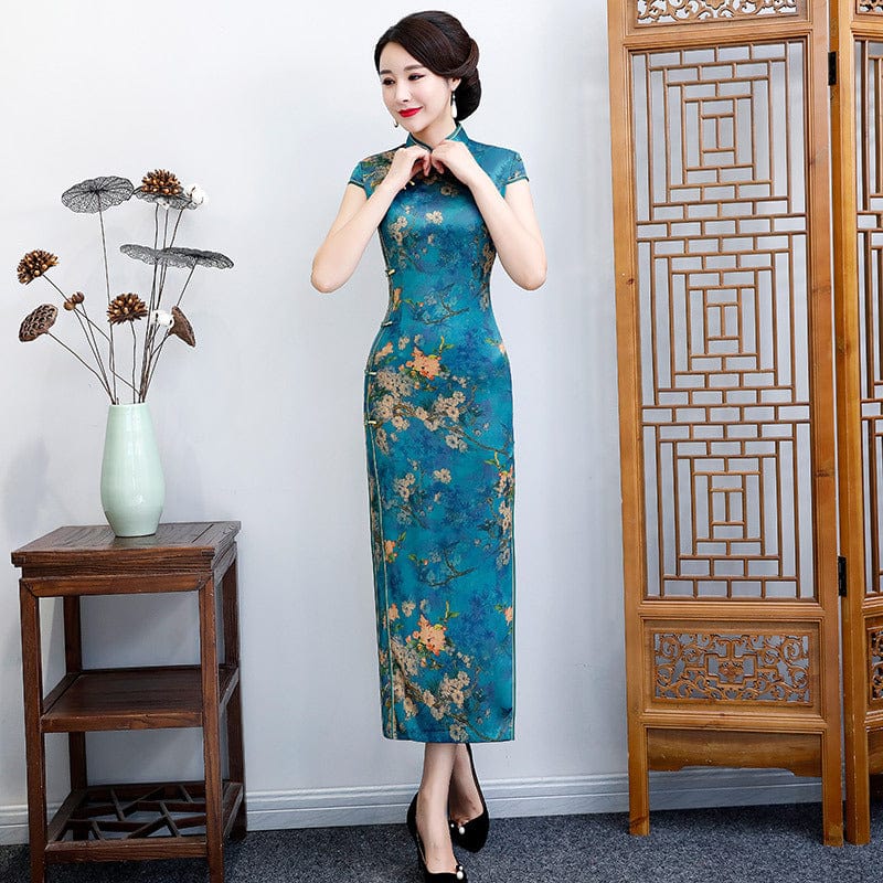 Aslinhafnu Floral pattern, plus size, blue&green long Cheongsam