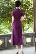 Aslinhanfu Tencel fabric, floral pattern, plus size, purple midi Cheongsam
