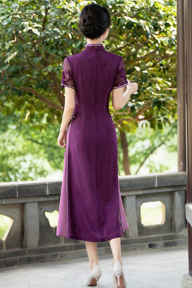 Aslinhanfu Tencel fabric, floral pattern, plus size, purple midi Cheongsam