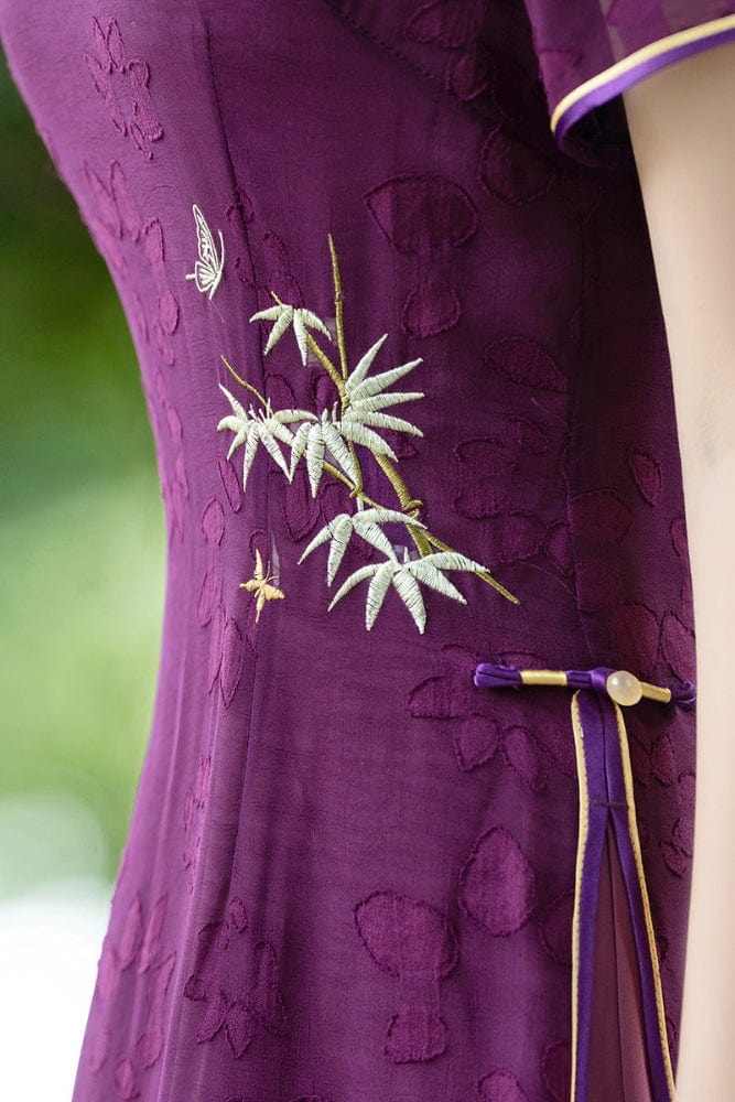 Aslinhanfu Tencel fabric, floral pattern, plus size, purple midi Cheongsam