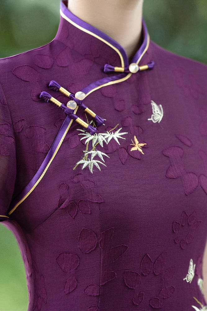 Aslinhanfu Tencel fabric, floral pattern, plus size, purple midi Cheongsam
