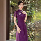 Aslinhanfu Tencel fabric, floral pattern, plus size, purple midi Cheongsam