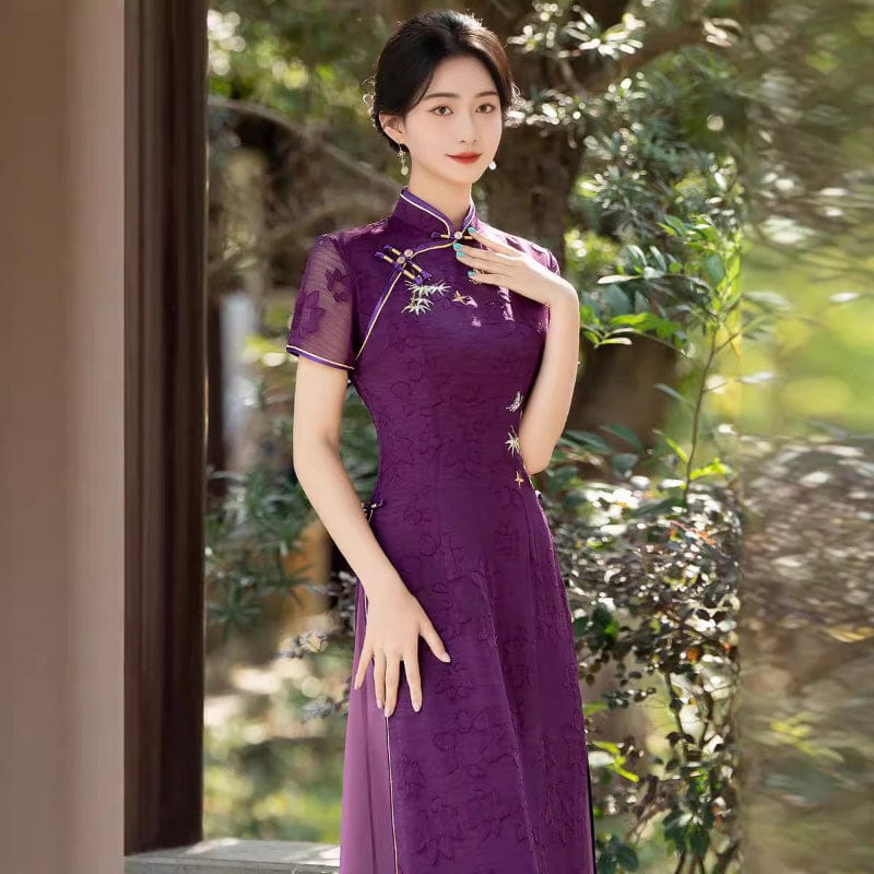 Aslinhanfu Tencel fabric, floral pattern, plus size, purple midi Cheongsam
