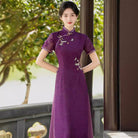Aslinhanfu Tencel fabric, floral pattern, plus size, purple midi Cheongsam