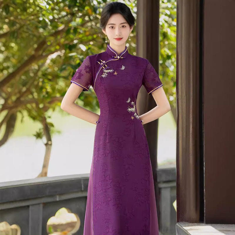Aslinhanfu Tencel fabric, floral pattern, plus size, purple midi Cheongsam