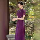 Aslinhanfu Tencel fabric, floral pattern, plus size, purple midi Cheongsam
