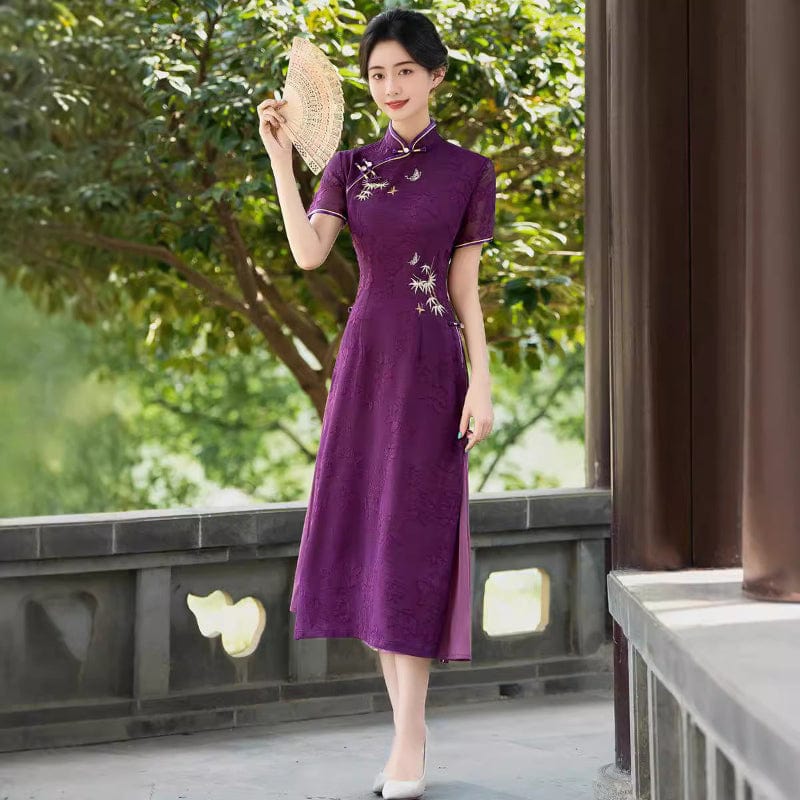 Aslinhanfu Tencel fabric, floral pattern, plus size, purple midi Cheongsam