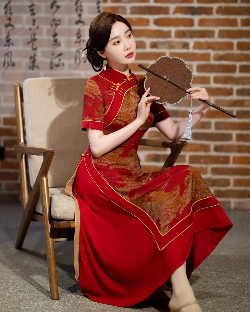 Aslin  Hanfu Qipao Old Shanghai style, plus size, red&green long Ao dai