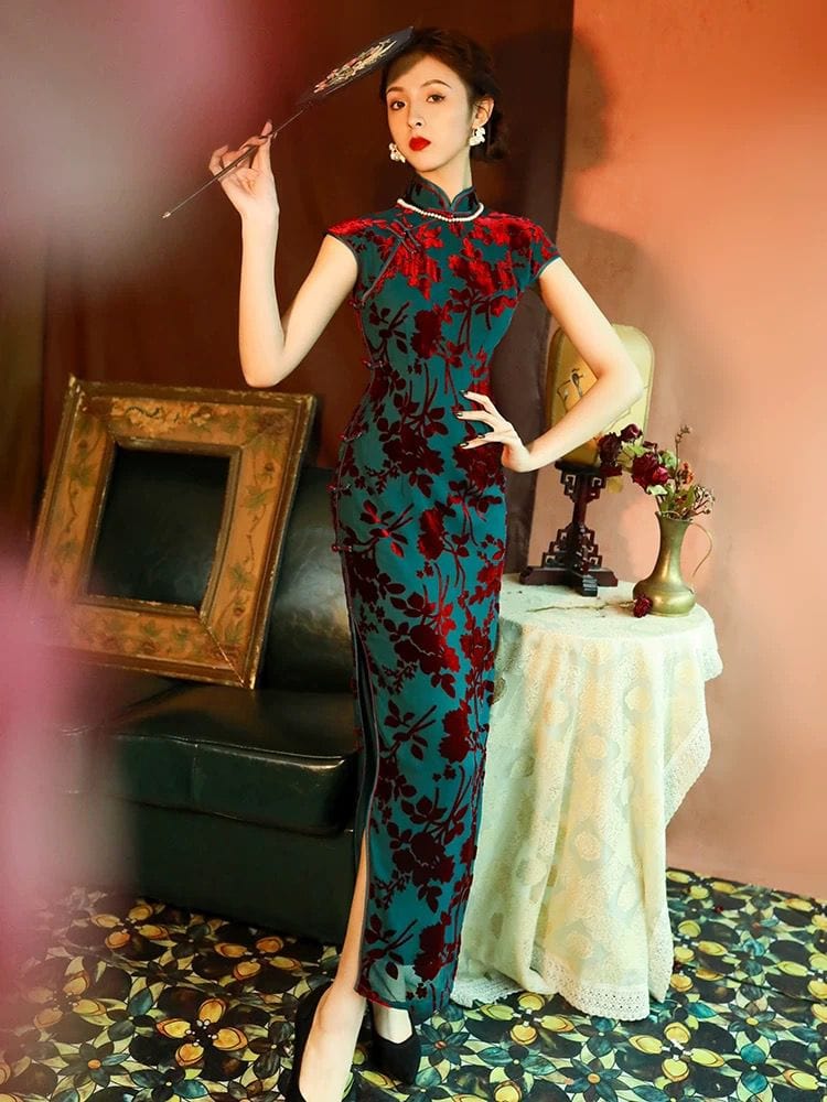 Aslinhanfu Floral pattern, velvet fabric, blue midi Cheongsam
