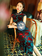 Aslinhanfu Floral pattern, velvet fabric, blue midi Cheongsam
