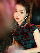 Aslinhanfu Floral pattern, velvet fabric, blue midi Cheongsam