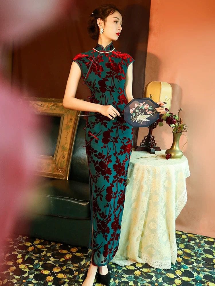 Aslinhanfu Floral pattern, velvet fabric, blue midi Cheongsam