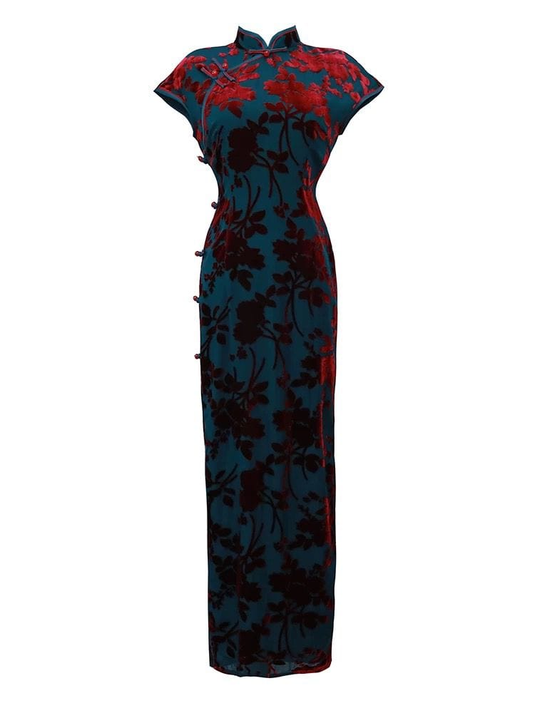Aslinhanfu Floral pattern, velvet fabric, blue midi Cheongsam