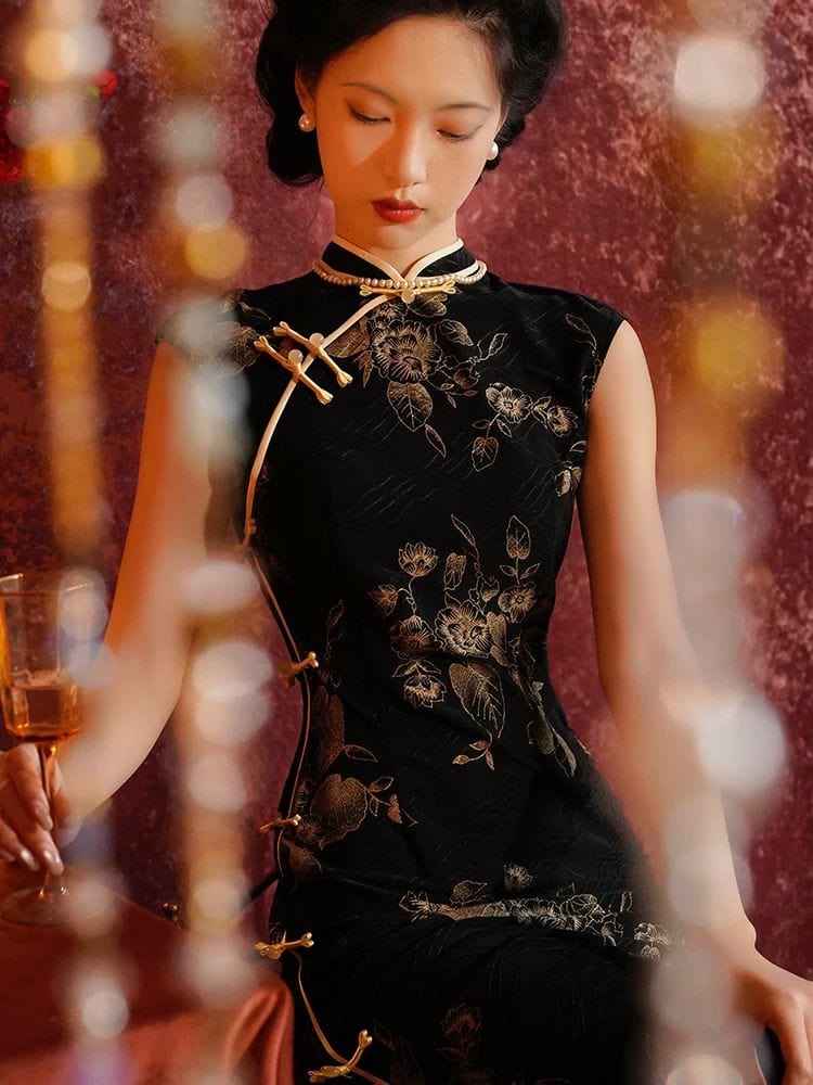 Aslinhanfu Old Shanghai style, jacquard midi Cheongsam with raglan sleeves