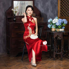 Aslinhanfu qipao Exclusive designer collection, peacock embroidery, halter long Qipao