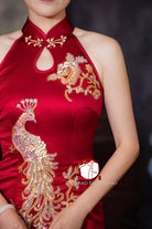 Aslinhanfu qipao Exclusive designer collection, peacock embroidery, halter long Qipao