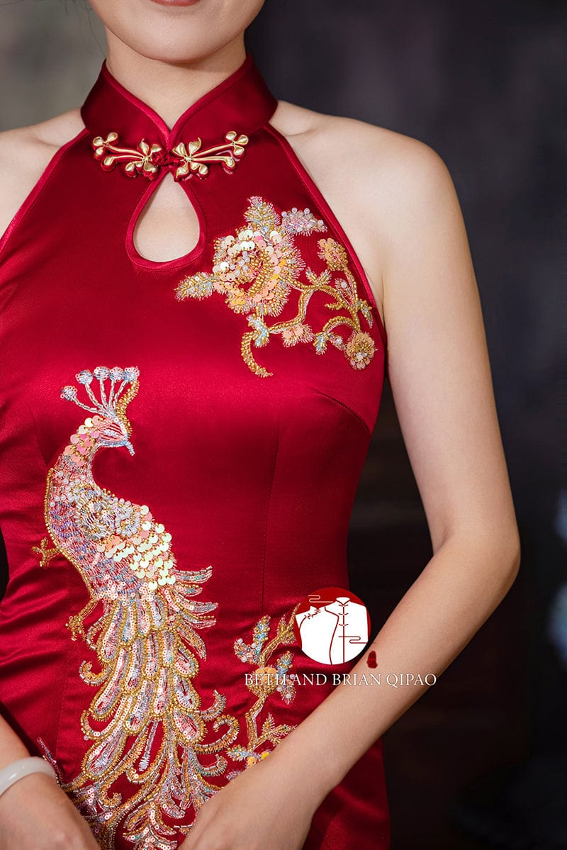 Aslinhanfu qipao Exclusive designer collection, peacock embroidery, halter long Qipao