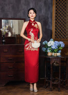 Aslinhanfu qipao Exclusive designer collection, peacock embroidery, halter long Qipao