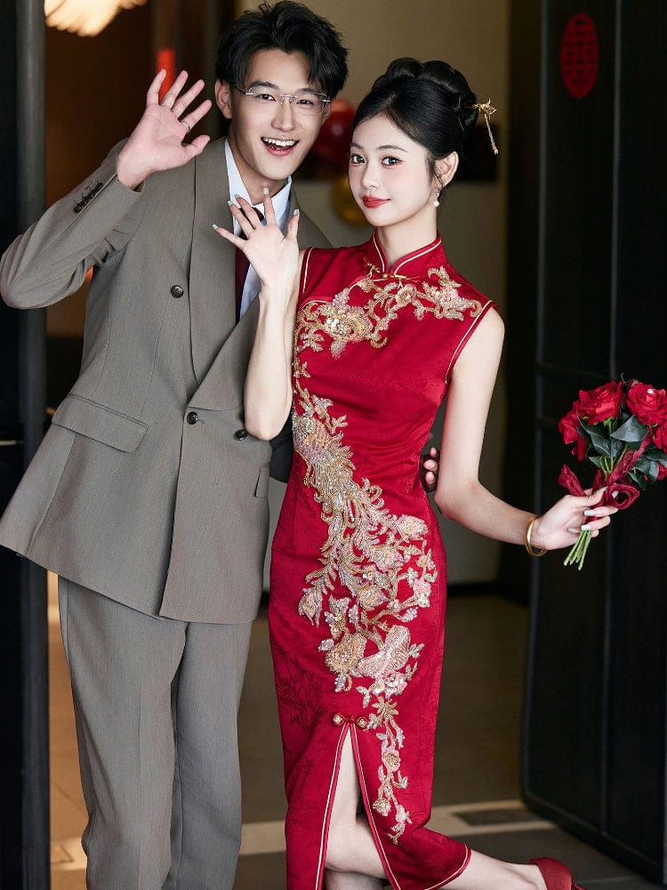 Peacock Embroidery, Wedding red midi Cheongsam