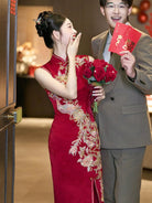 Peacock Embroidery, Wedding red midi Cheongsam