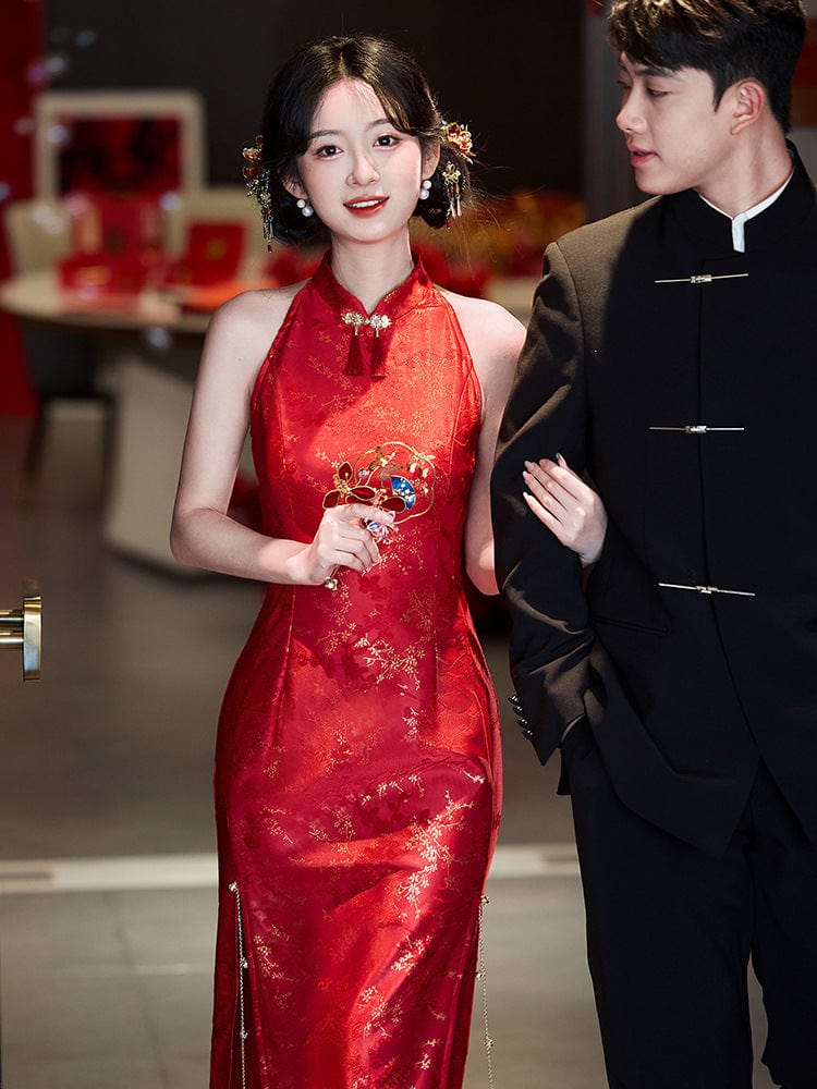 Aslinhanfu qipao New Chinese style (新中式), halter red midi Cheongsam