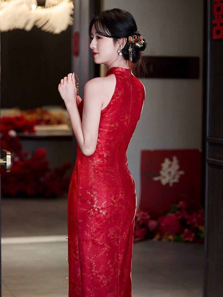 Aslinhanfu qipao New Chinese style (新中式), halter red midi Cheongsam