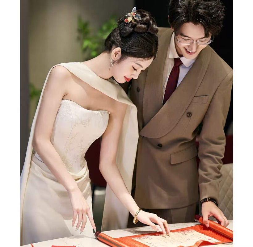Aslinhanfu Tube top, New Chinese style (新中式), floral floor length Cheongsam