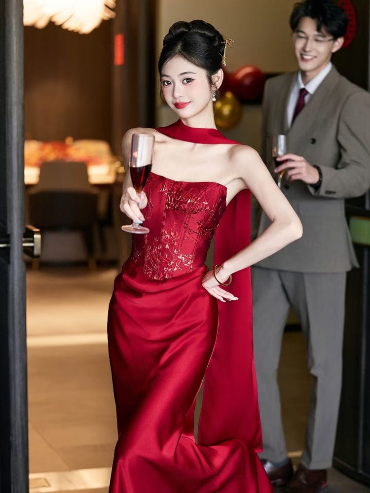 Aslinhanfu Tube top, New Chinese style (新中式), floral floor length Cheongsam