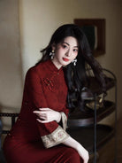 Floral pattern, cotton red long Cheongsam