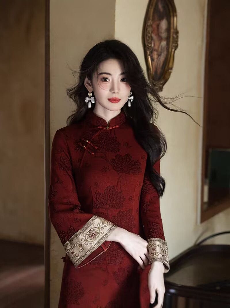 Floral pattern, cotton red long Cheongsam