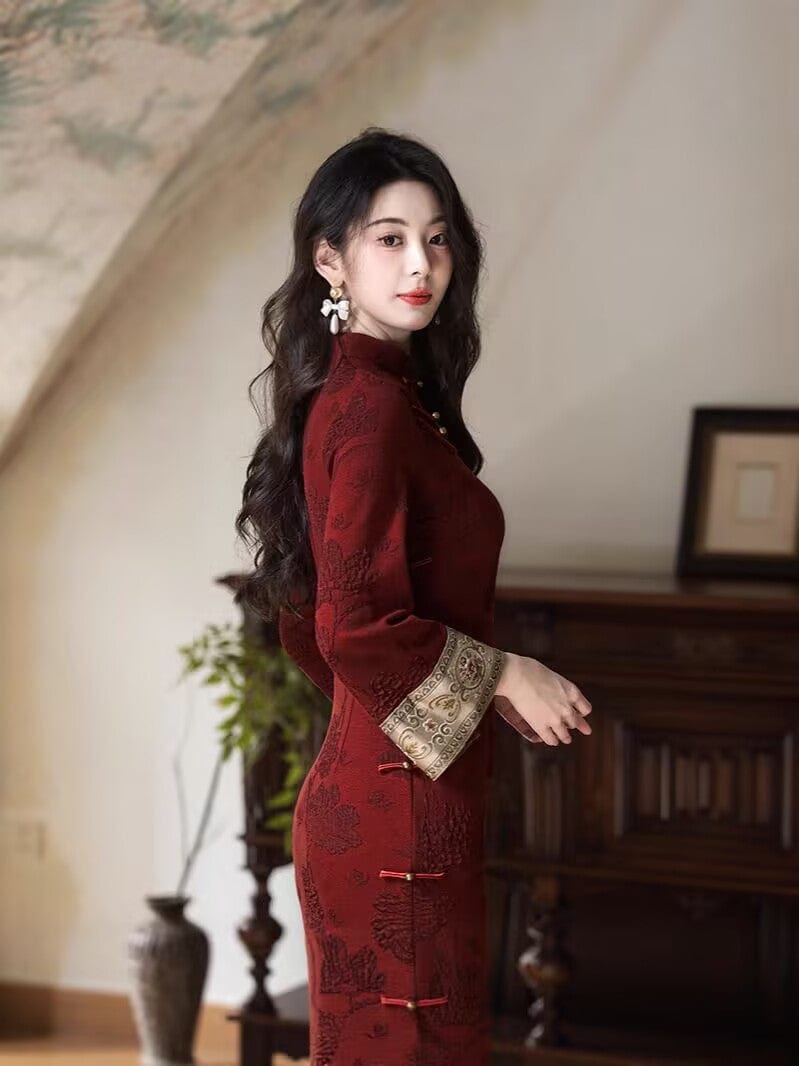 Floral pattern, cotton red long Cheongsam