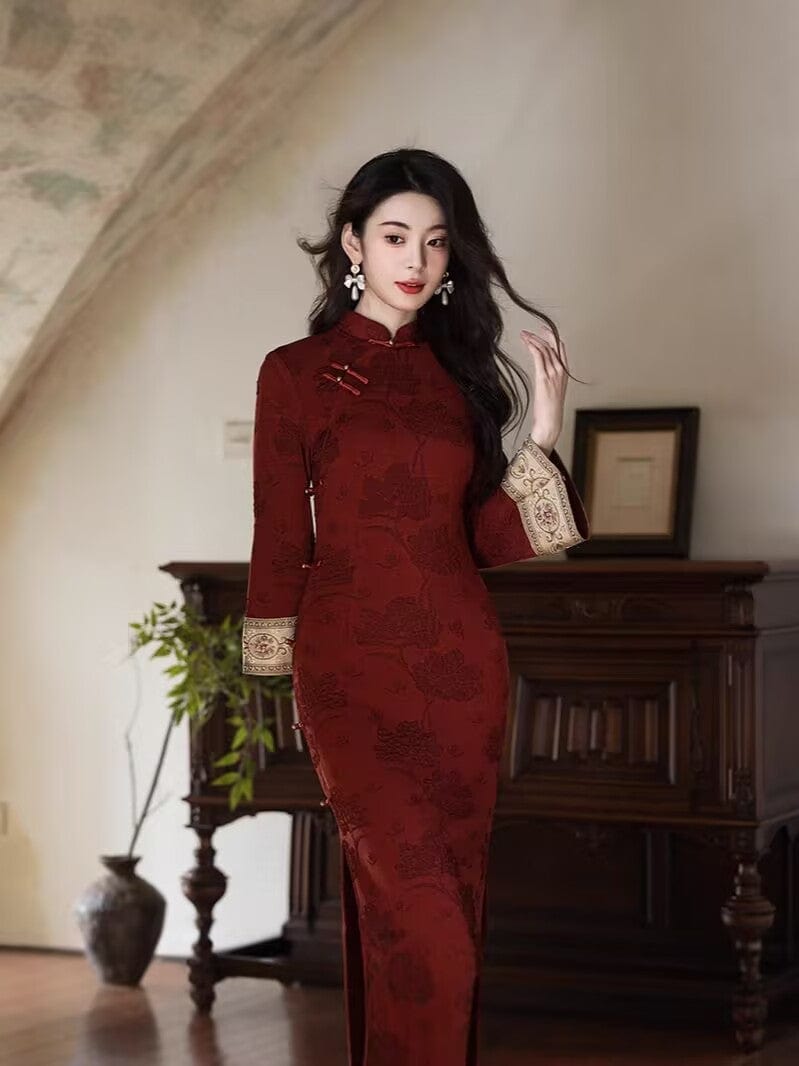 Floral pattern, cotton red long Cheongsam