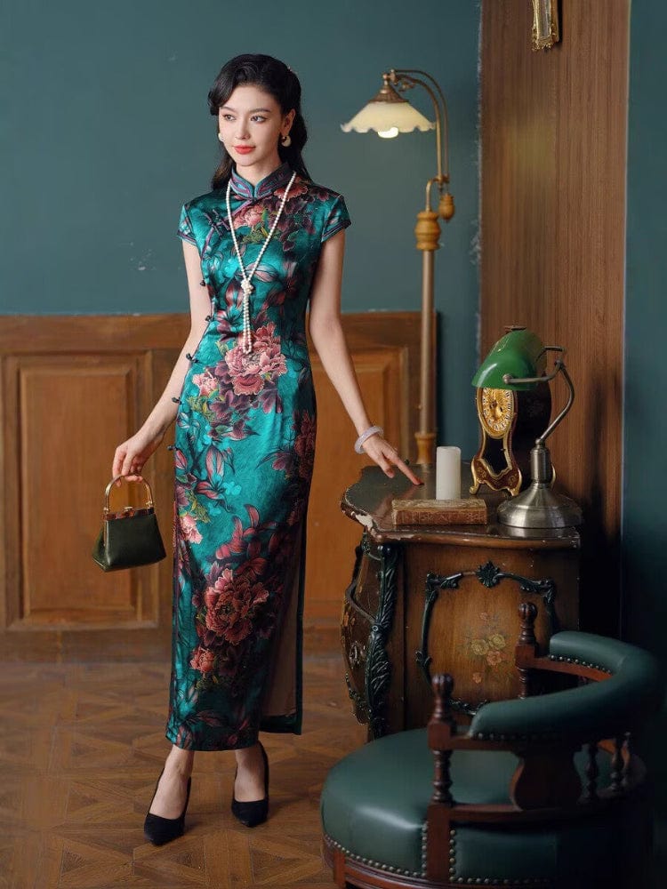 Aslinhanfu Old Shanghai style, 19 mome mulberry silk, high-end green long Cheongsam