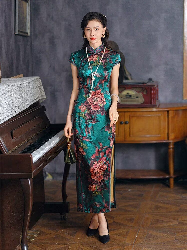 Aslinhanfu Old Shanghai style, 19 mome mulberry silk, high-end green long Cheongsam