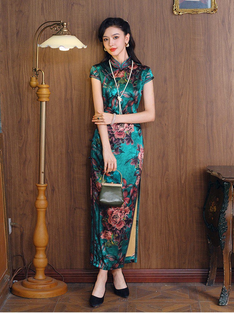 Aslinhanfu Old Shanghai style, 19 mome mulberry silk, high-end green long Cheongsam